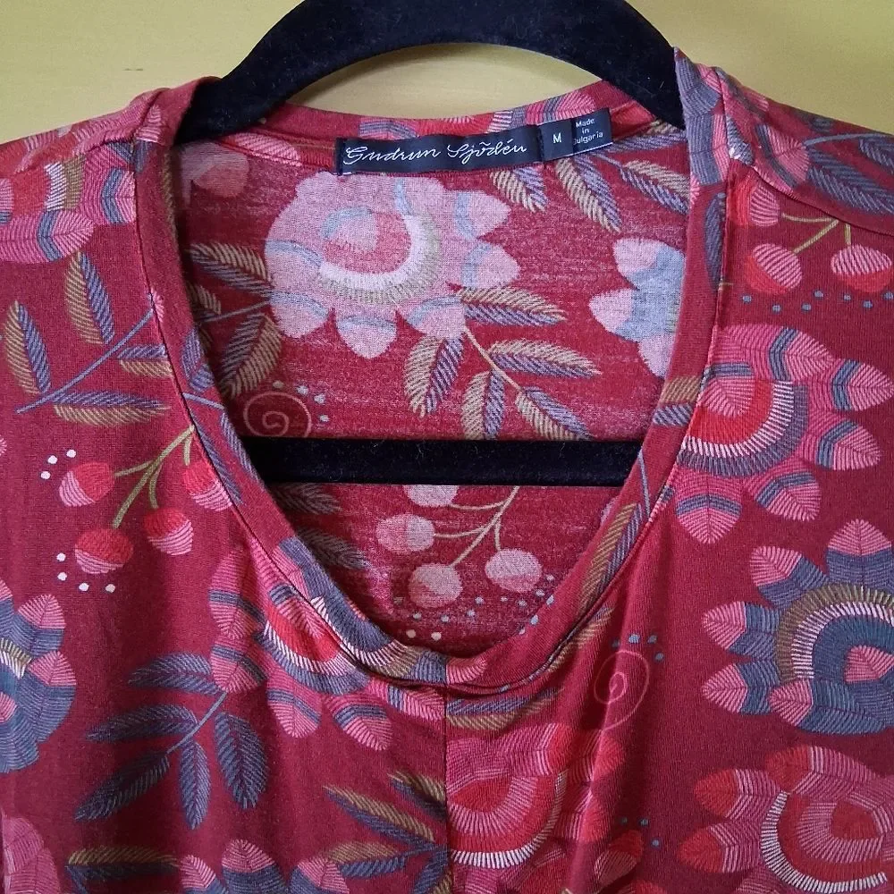 Gudrun Sjoden Vibrant Abstract Floral Burgundy Red Long Sleeve Dress - Picture 7 of 12
